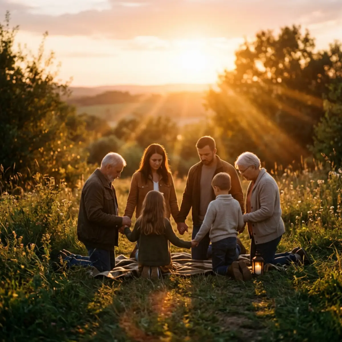 Multigenerational family gathered in prayer circle during golden sunset